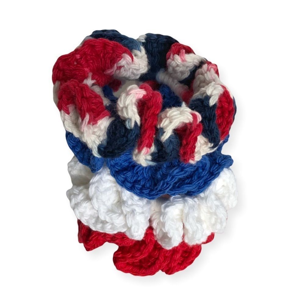 Hand Crafted Crochet Hair Scrunchies Red White Blue Ombre Singles Hair Tye